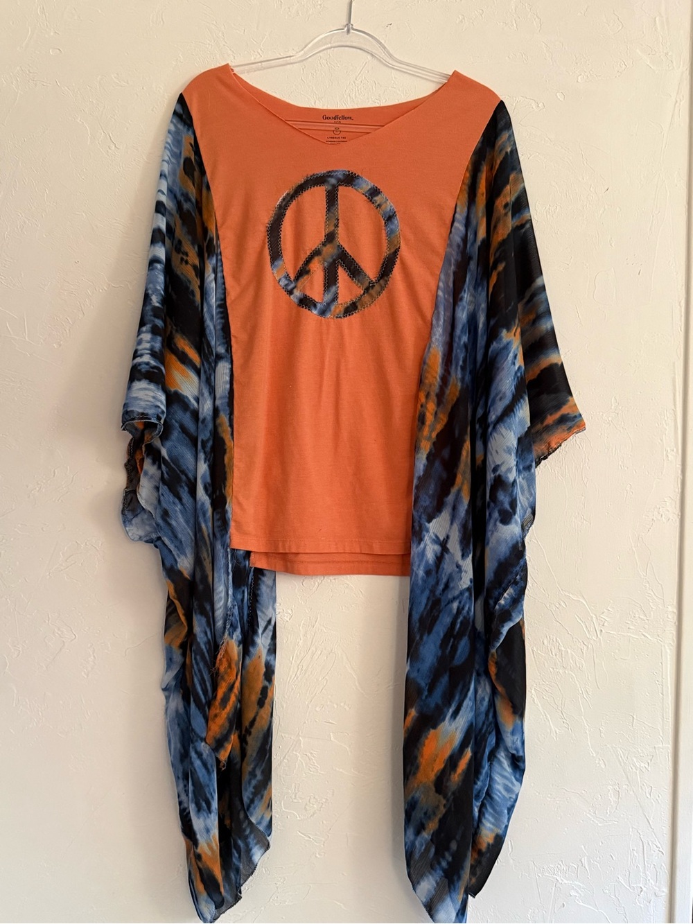 Upcycled peach tee flowing blue tie-dye sleeves, peace sign graphic raw edge 12